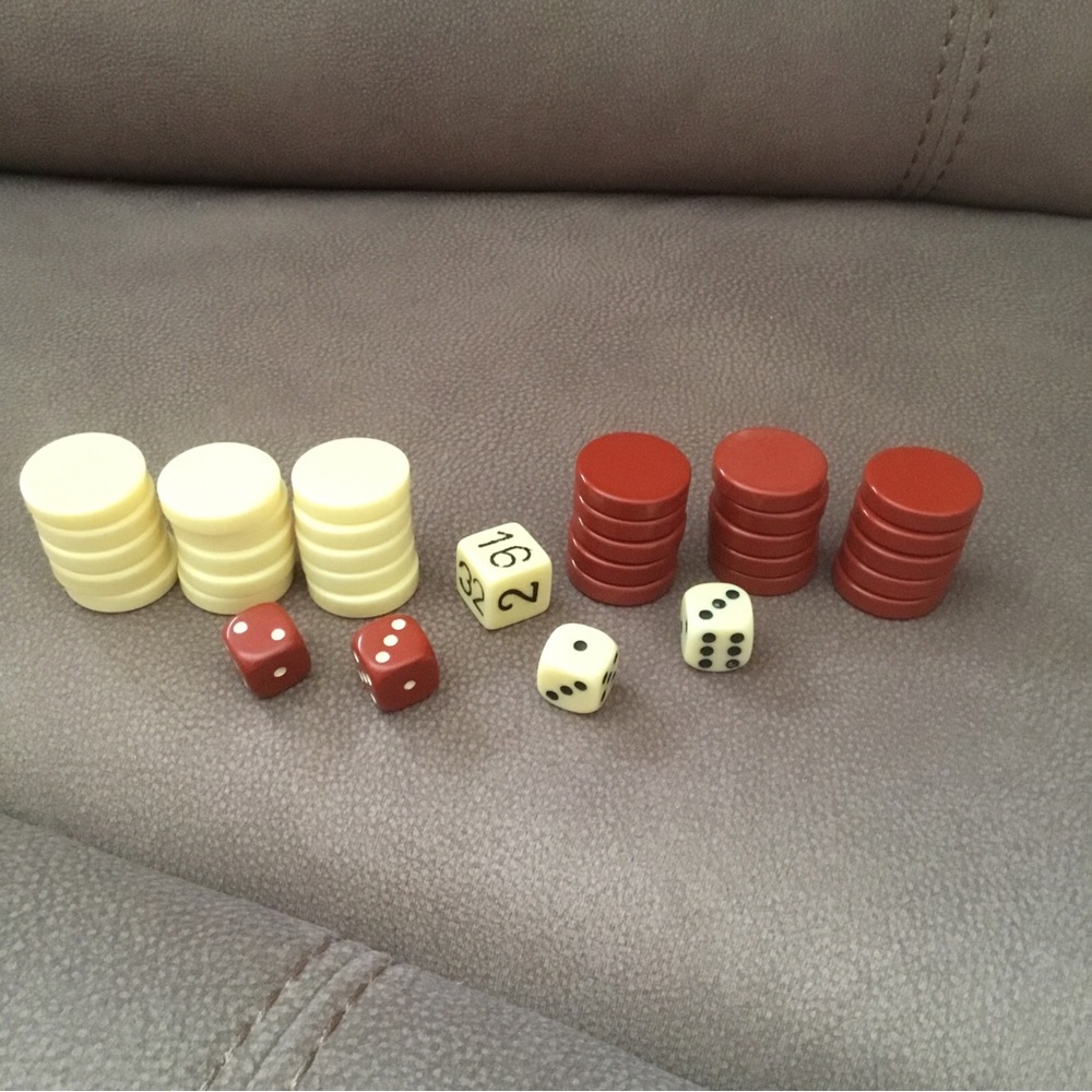 Vintage Backgammon Pieces Brick Brownish Red and Beige and Dice Complete